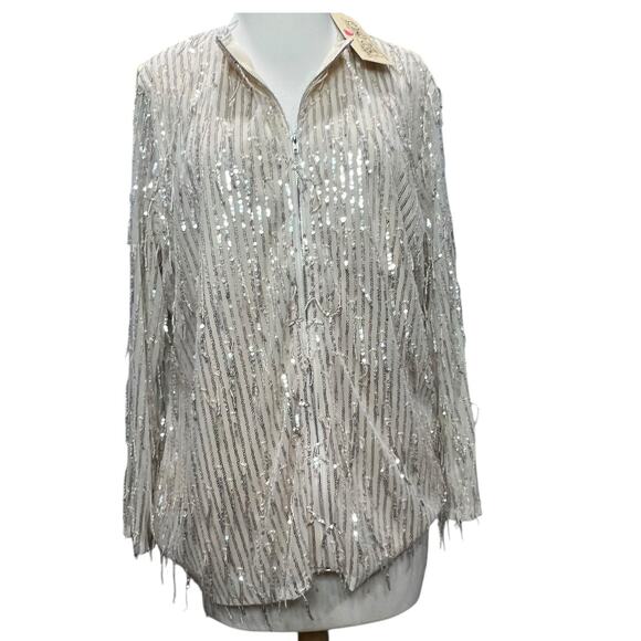 Southern Fried Chics Jacket 3XL Champagne Beige Mesh Sequin Fringe Boho Showgirl - Picture 1 of 16